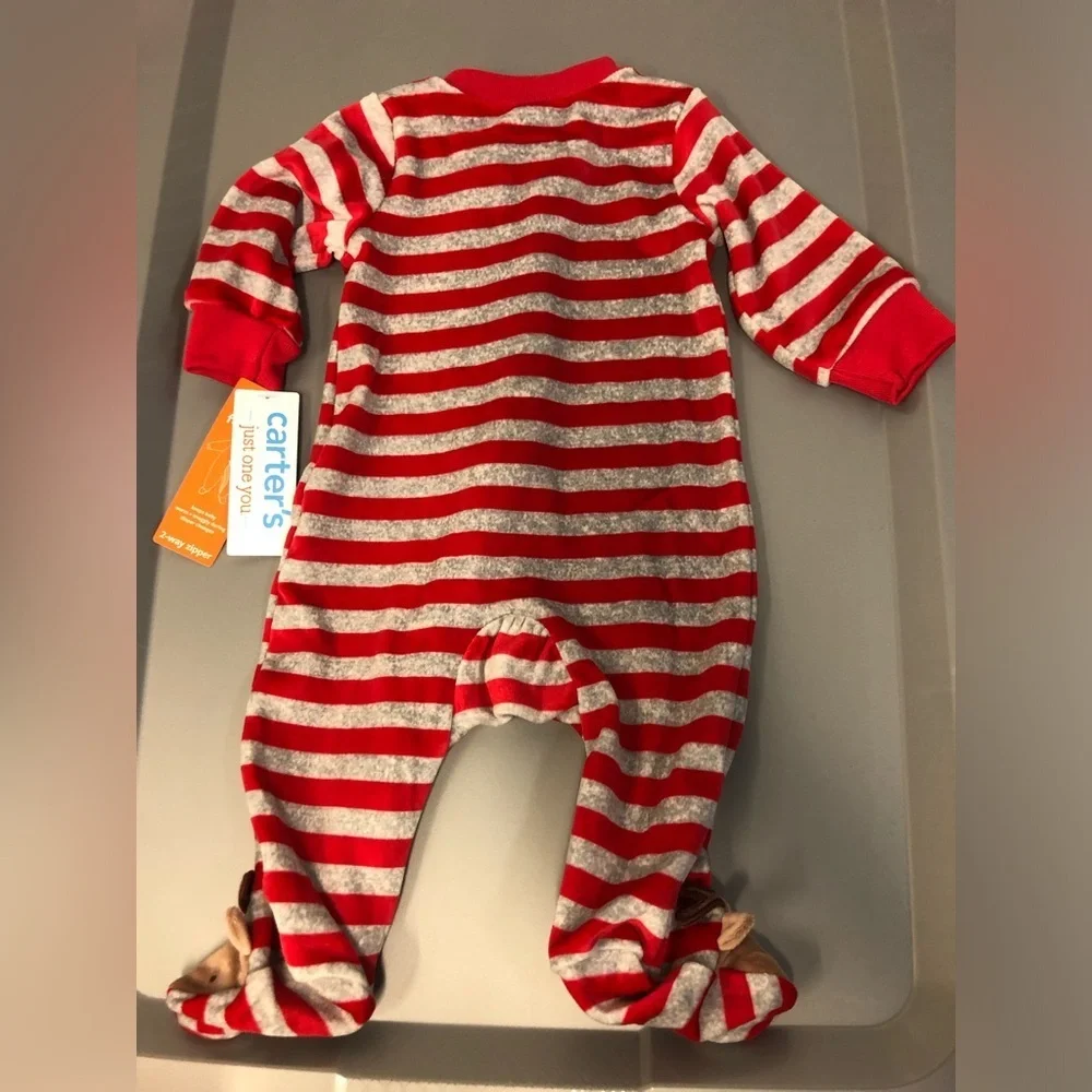 Carter's Red and Gray Striped Footed One Piece with Reindeer